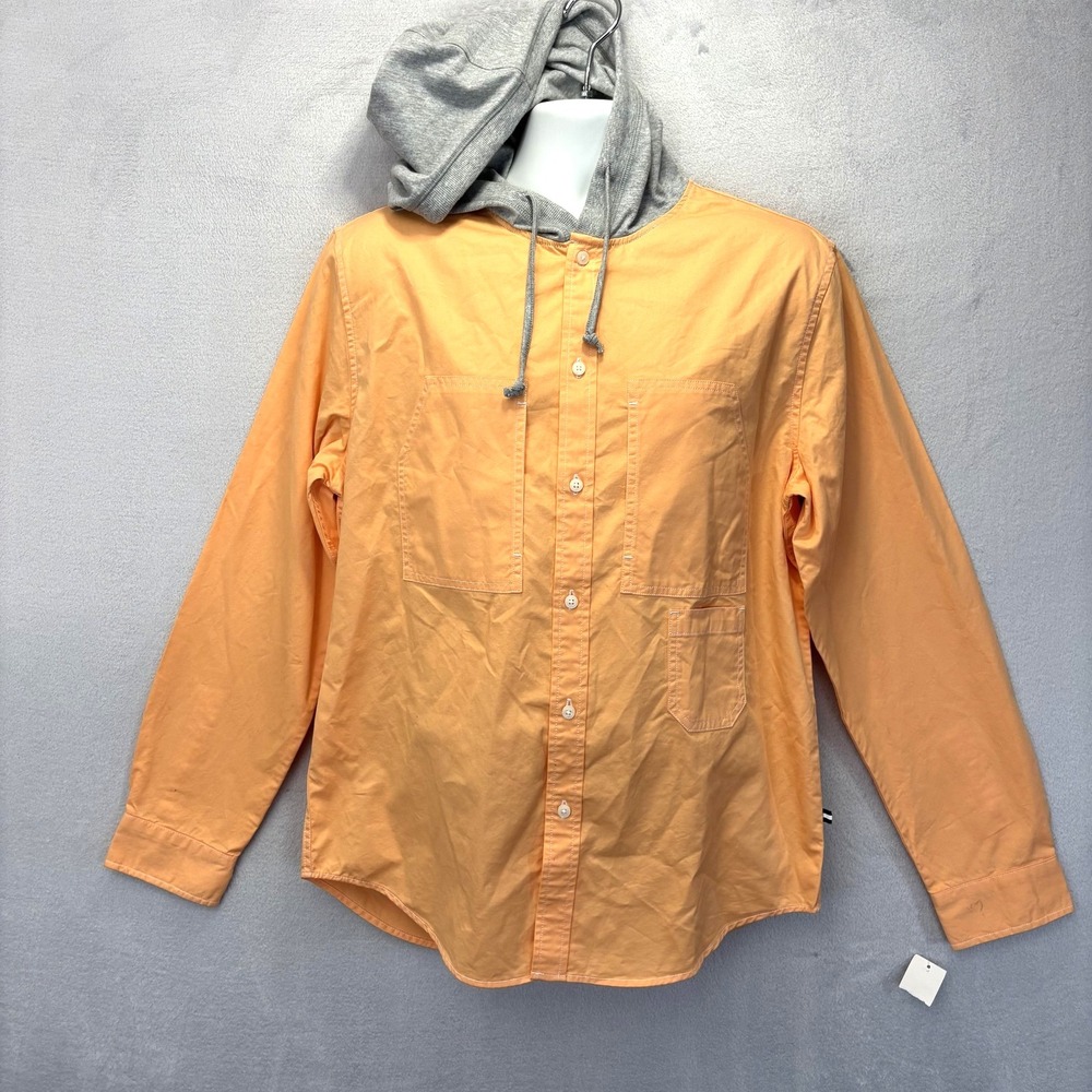 NWT EDGAR + ASH Hooded Twill Button Up Shirt Mens M Sherbet Orange Long Sleeve‎